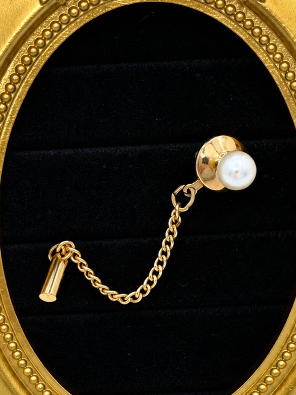 Vintage Pearl Tie Tack Gold Tone Chain Classic Men's Jewelry